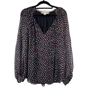 Diane von Furstenberg DVF 100% Silk Blouse Size 8 Long Sleeve Navy Lined D11